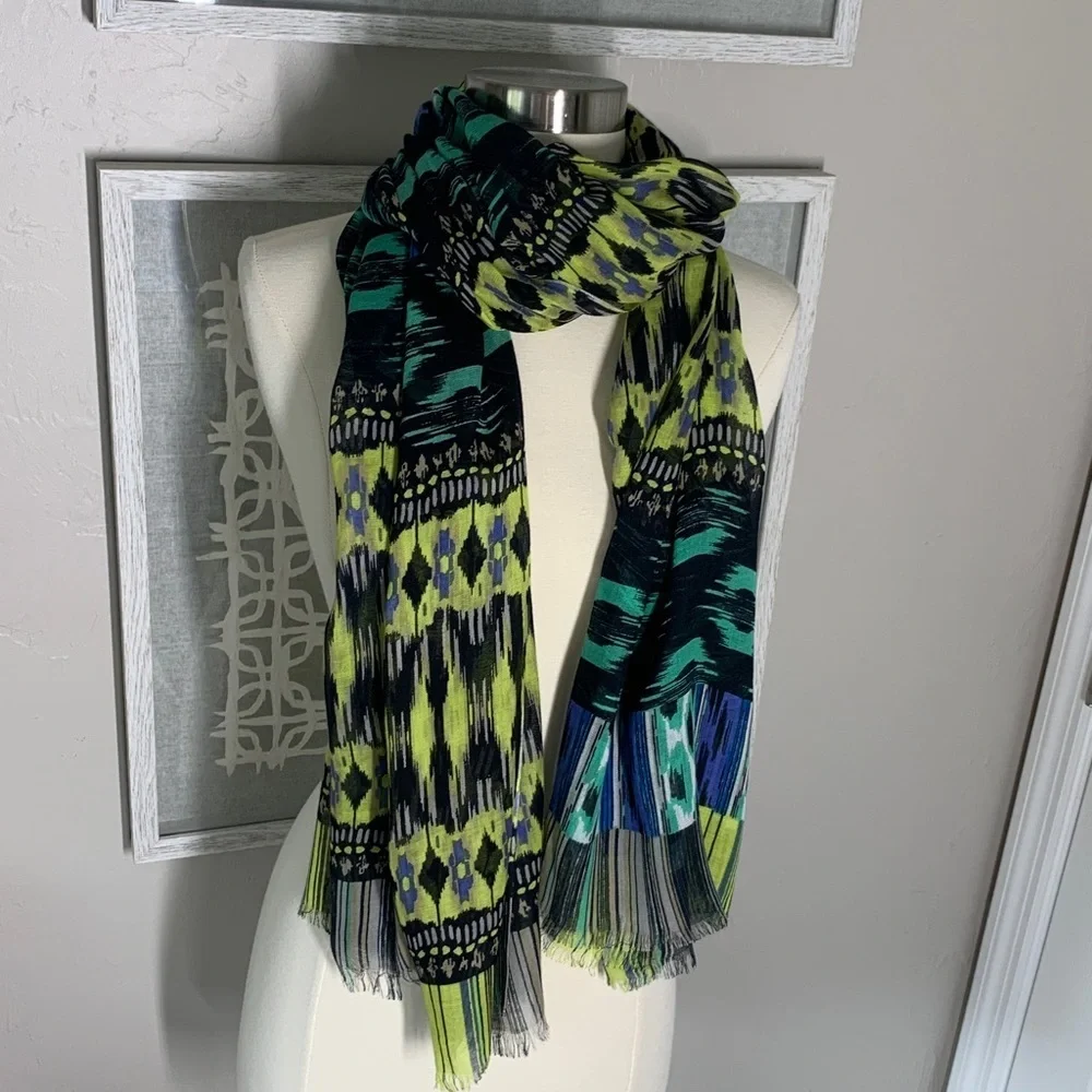 Thread 4 Thought modal scarf with fluorescent green, blue, black and teal print